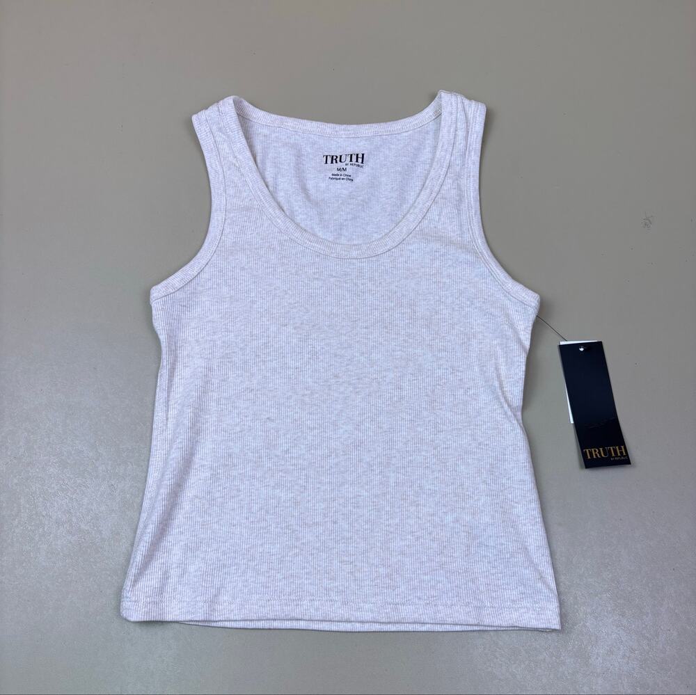 Truth by Republic Women Medium Heather Oatmeal Ribbed Tank Top NWT Stretch Basic